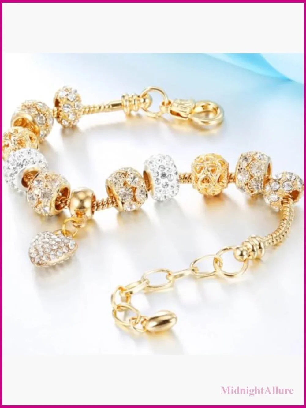 Gold Beaded Bangle Bracelet with Rhinestone Heart Charm - Adjustable